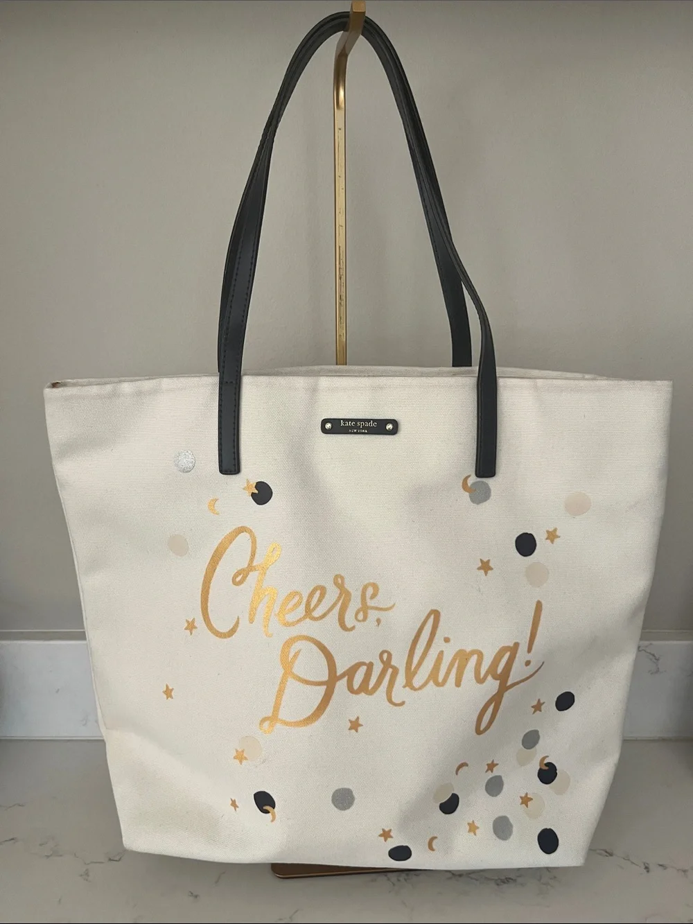 EUC Kate Spade Cheers Darling, novelty white canvas tote